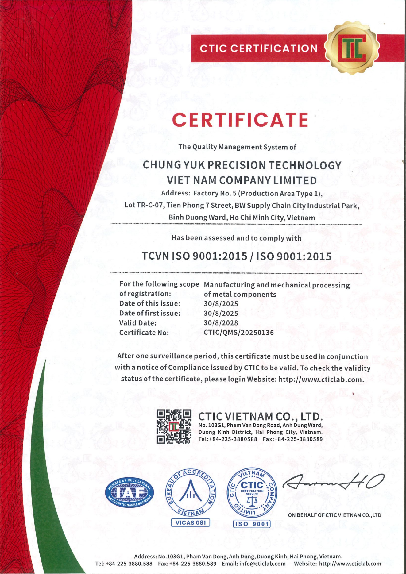 ISO 9001:2015 quality management system certificate CTIC/QMS/20250136 issued to Chung Yuk Precision Technology Vietnam Company Limited